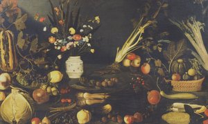 Naturaleza muerta de flores, frutas y verduras, c.1594